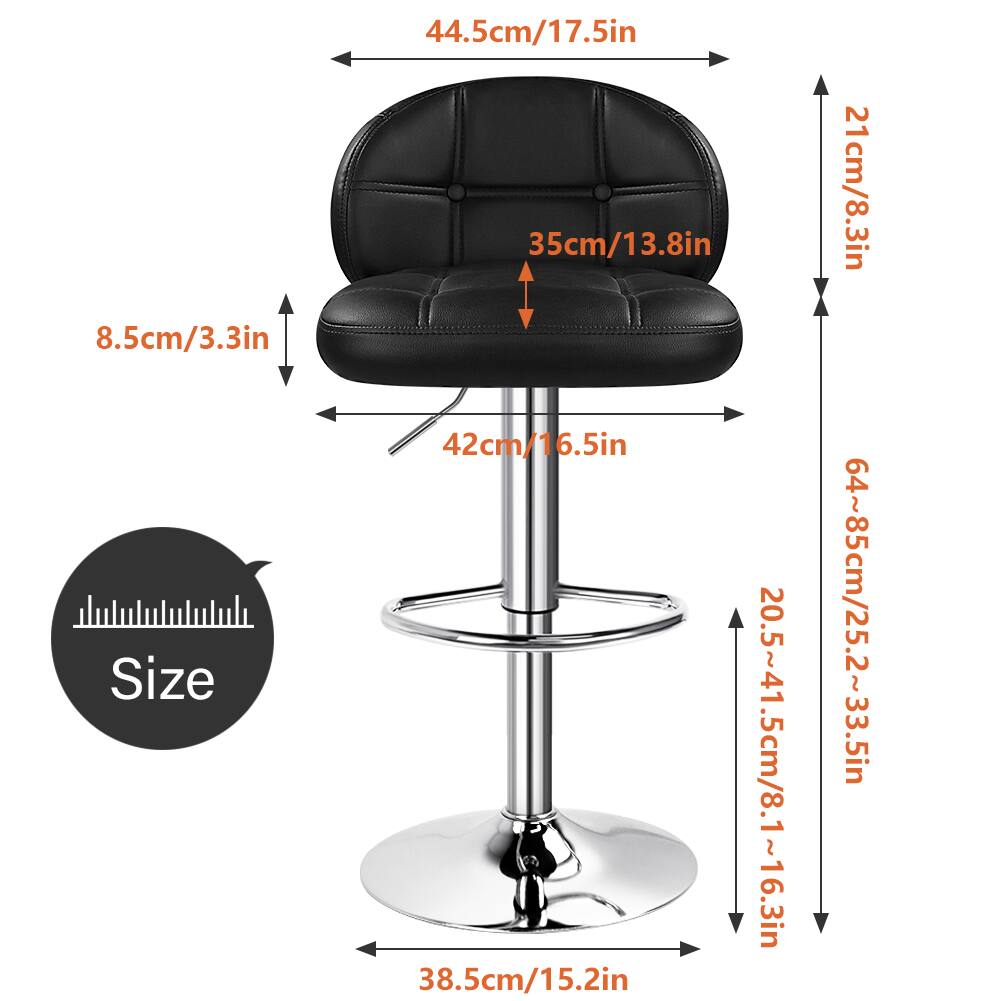 - Seat Height: 44.5cm / 17.5in
- Seat Depth: 35cm / 13.8in
- Seat Width: 42cm / 16.5in
- Back Height: 21cm / 8.3in
- Overall Height: 64~85cm / 25.2~33.5in
- Adjustable Height: 20.5~41.5cm / 8.1~16.3in
- Base Diameter: 38.5cm / 15.2in
- Footrest Height: 8.5cm / 3.3in