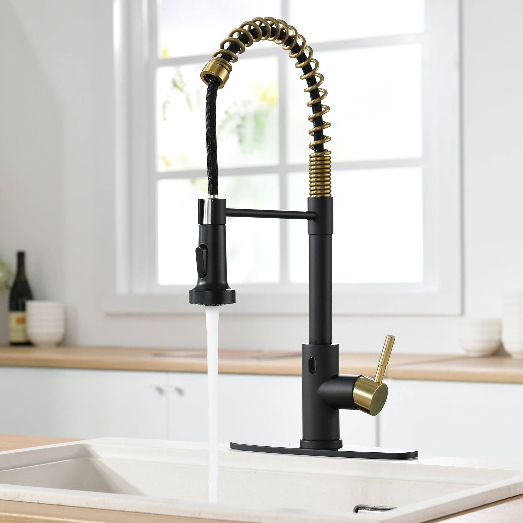 Alt View 9. Boyel Living - Black and Brushed Gold Single Handle Touchless Pull Down Kitchen Faucet with Deckplate Included - Black & Brushed Gold.