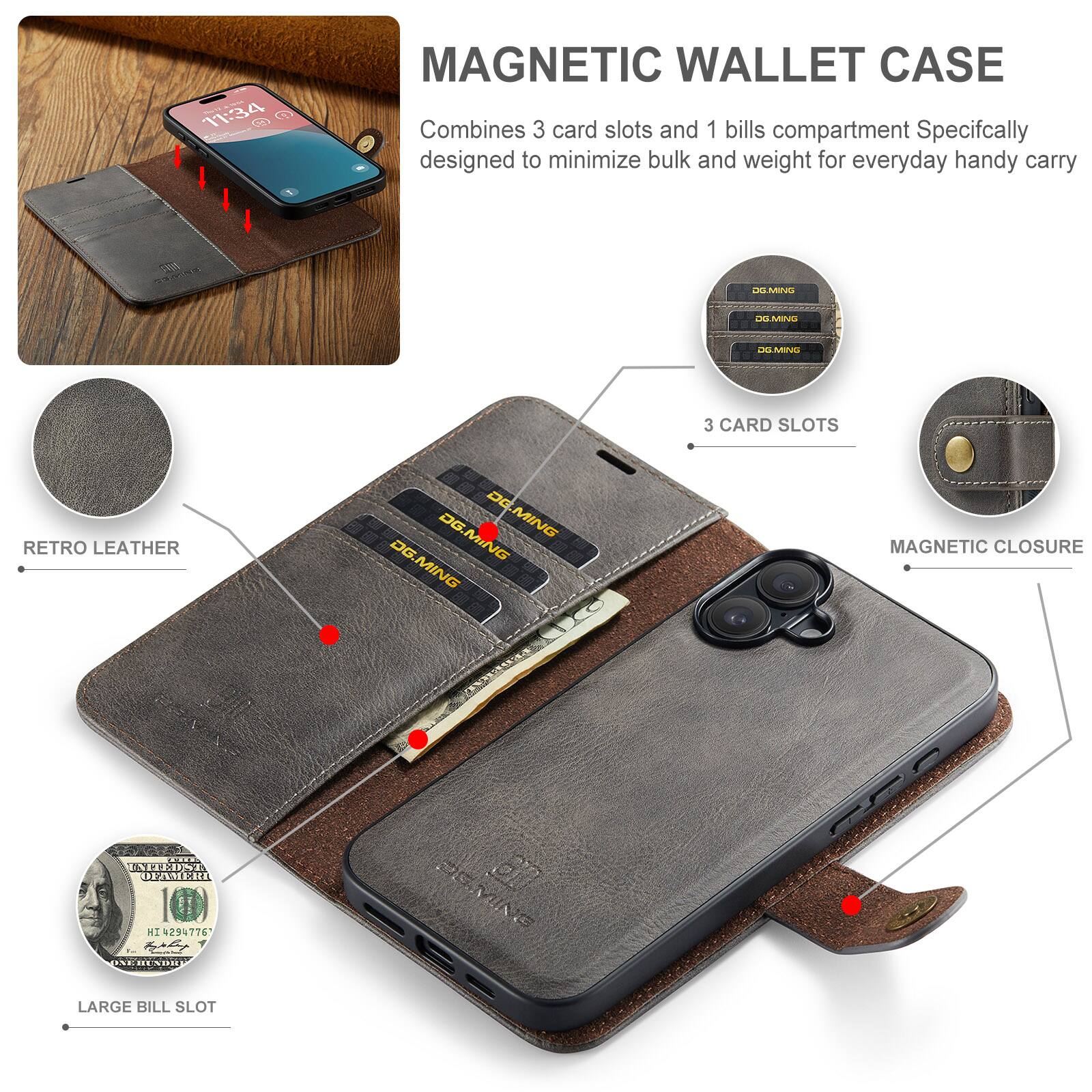 - 11:34 - MAGNETIC WALLET CASE
- Combines 3 card slots and 1 bills compartment
- Specifically designed to minimize bulk and weight for everyday handy carry
- RETRO LEATHER
- 3 CARD SLOTS
- MAGNETIC CLOSURE
- LARGE BILL SLOT