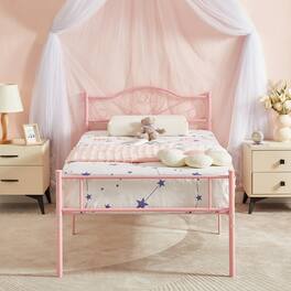 Vecelo - 14" Twin Metal Bed Frame with Headboard&Footboard, Heavy Duty Steel Slats, No Box Spring, -Easy Assembly - Pink