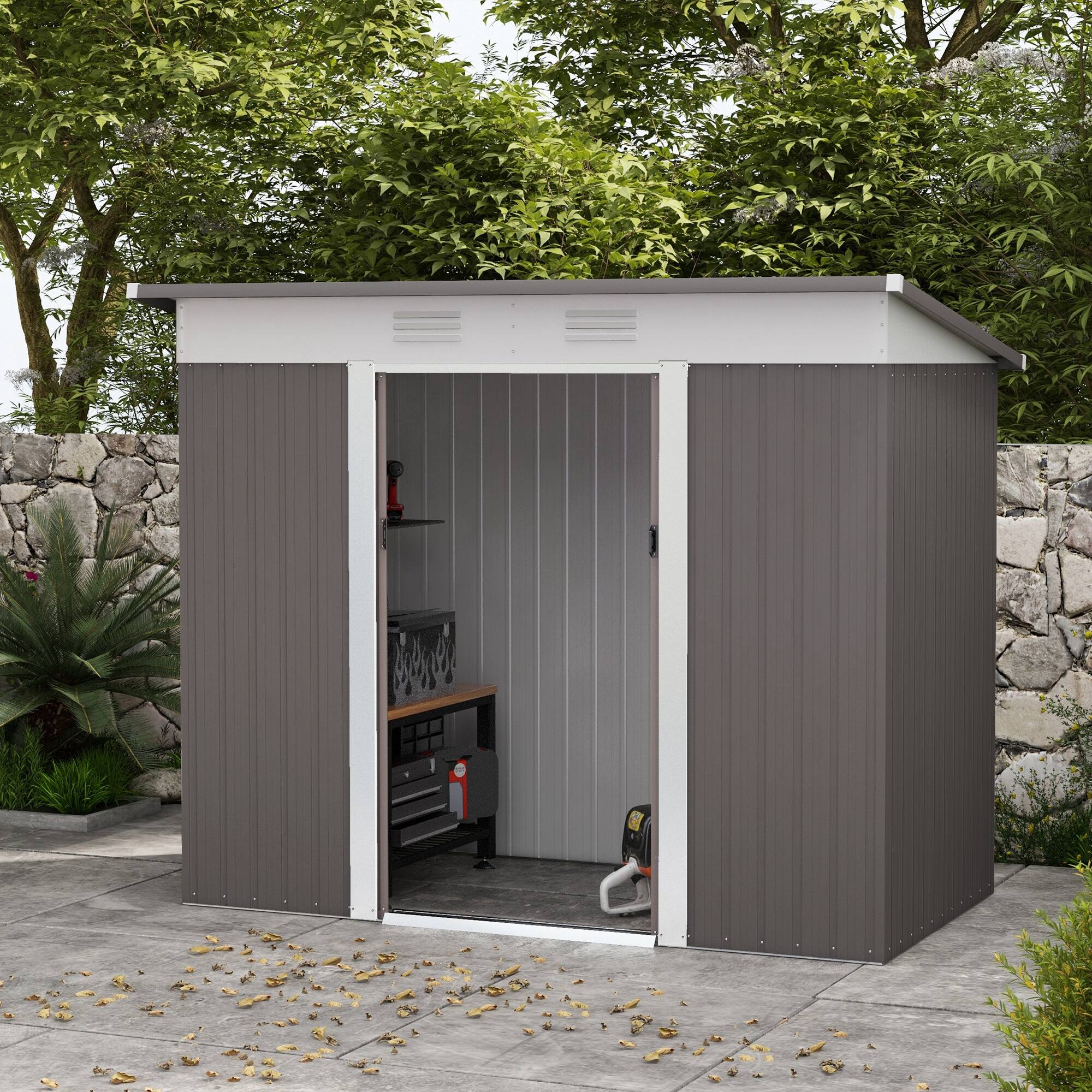 Alt View 1. Outsunny - 8' x 4' Metal Lean to Garden Shed, Outdoor Storage Shed, Garden Tool House with Double Sliding Doors.