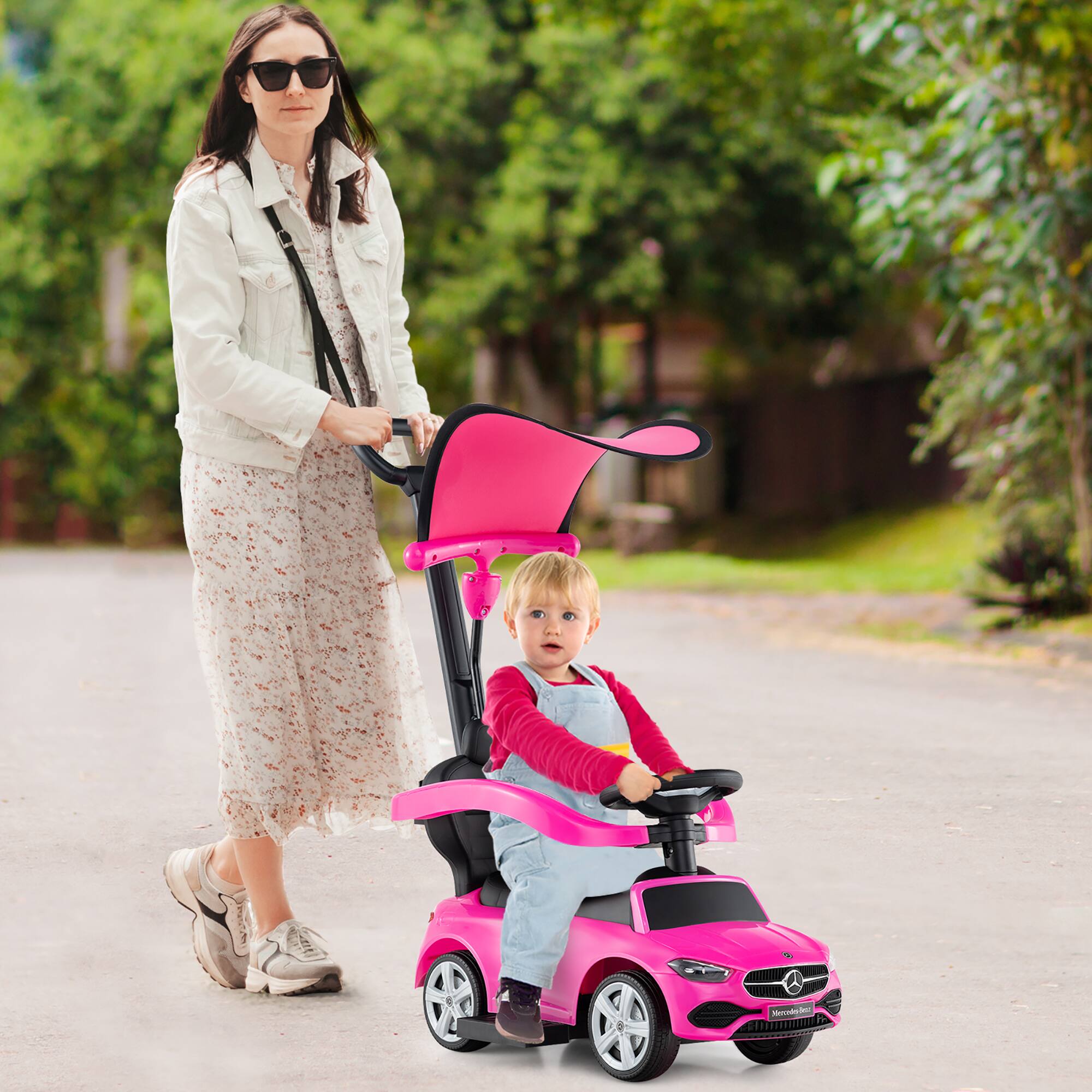 Alt View 3. Gymax - Gymax 3-in-1 kid Push Car w/Adjustable Canopy Under Seat Storage Realistic Sounds Pink - Pink.