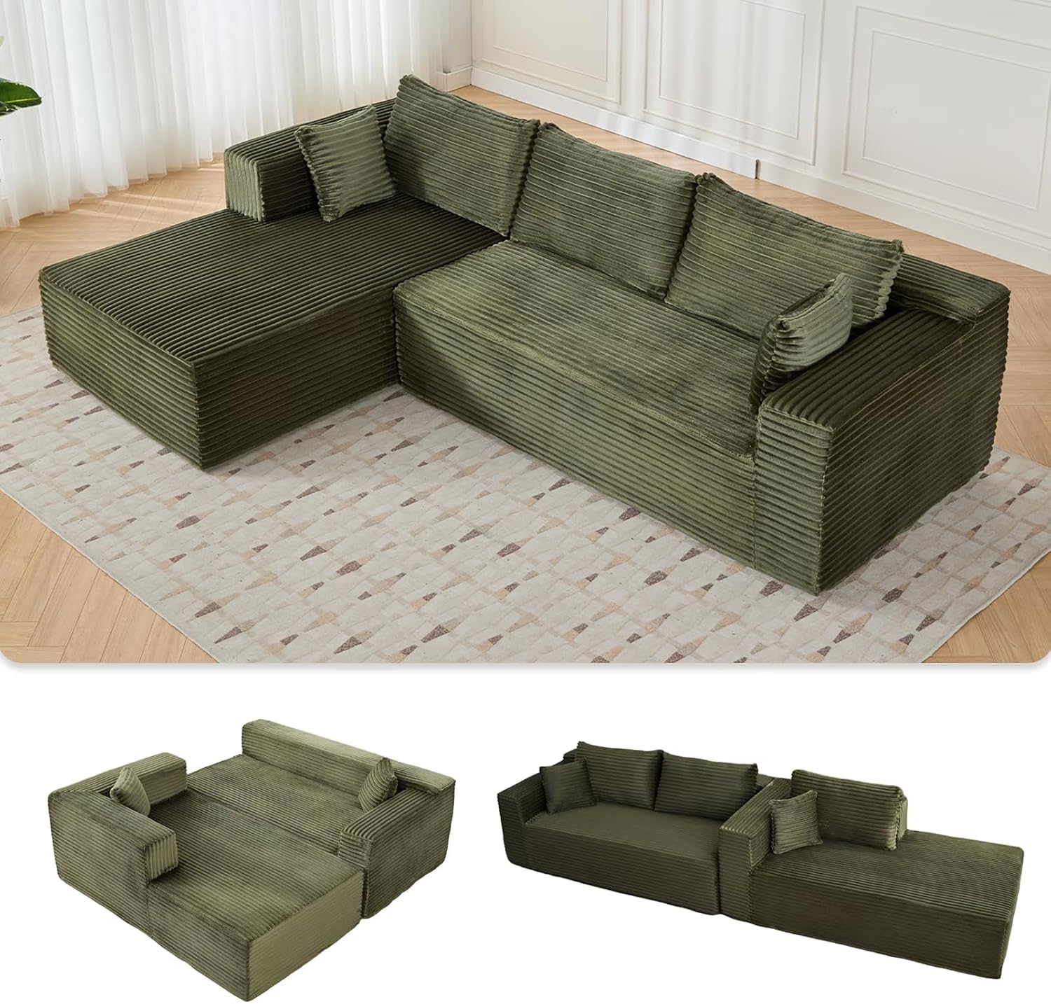 Alt View 2. Trinkets Crazed - 110" Cloud Sectional Couch Compression sofa with Comfy L-Shaped Chaise - green.