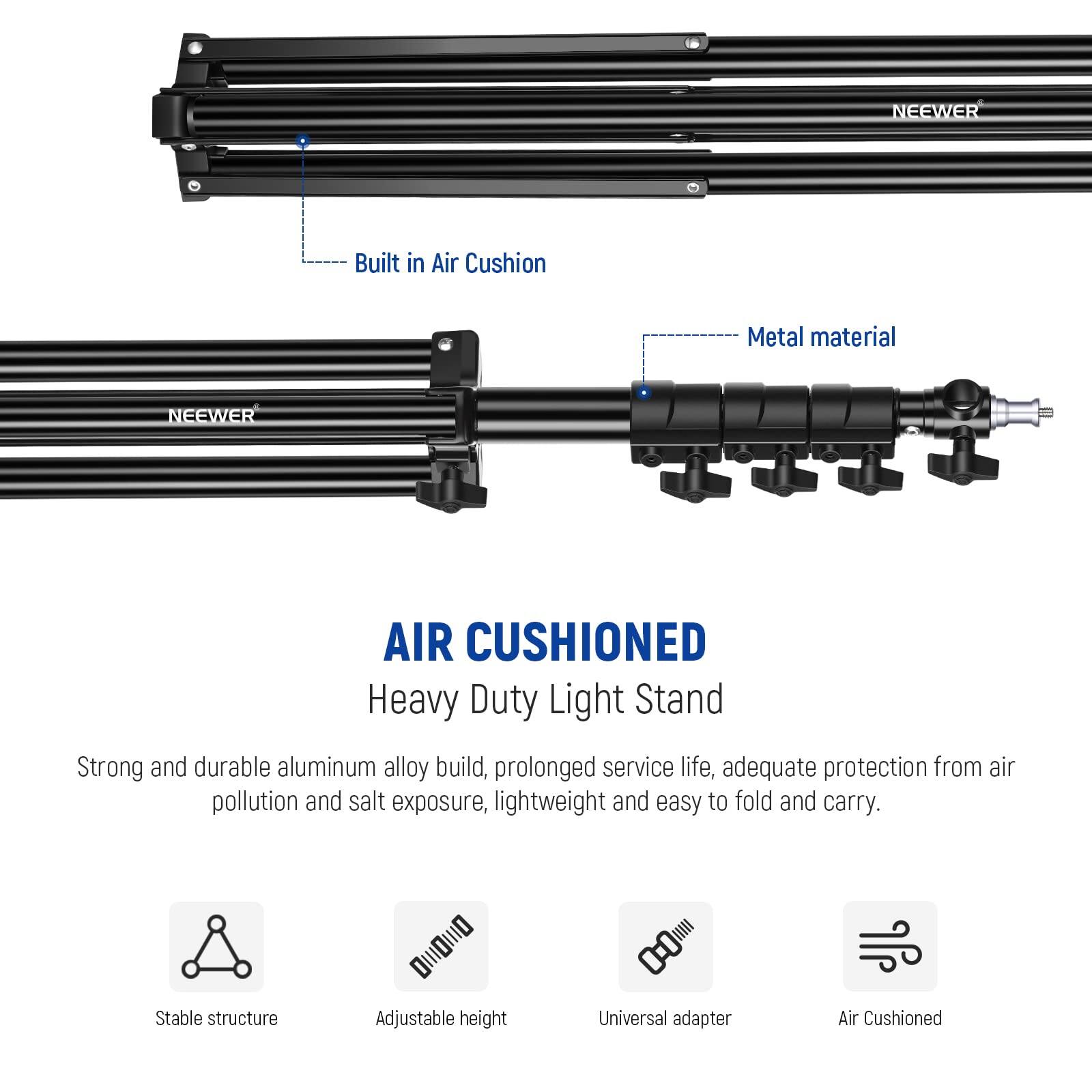 NEEWER AIR CUSHIONED Heavy Duty Light Stand

- Built in Air Cushion
- Metal material

Strong and durable aluminum alloy build, prolonged service life, adequate protection from air pollution and salt exposure, lightweight and easy to fold and carry.

- Stable structure
- Adjustable height
- Universal adapter
- Air Cushioned
