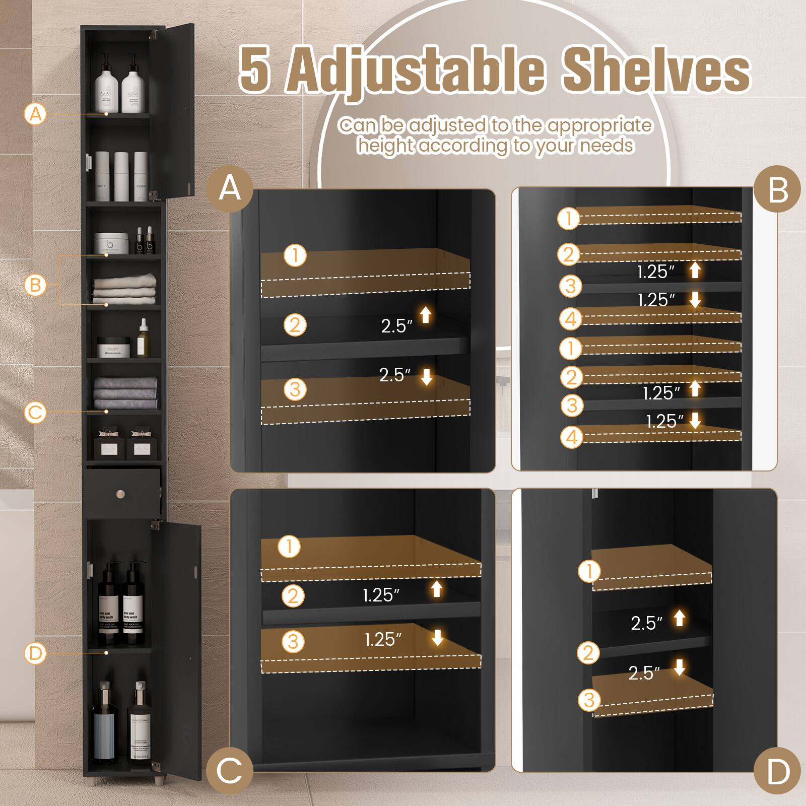 A: 5 Adjustable Shelves can be adjusted to the appropriate height according to your needs
B: 1 2 3 4 1.25" 1.25" 1.25" 1.25"
C: 1 2 3 2.5" 2.5"
D: 1 2 3 4 1.25" 1.25" 1.25" 1.25" 1.25" + 1 2 3 2.5" 2.5" 2.5"