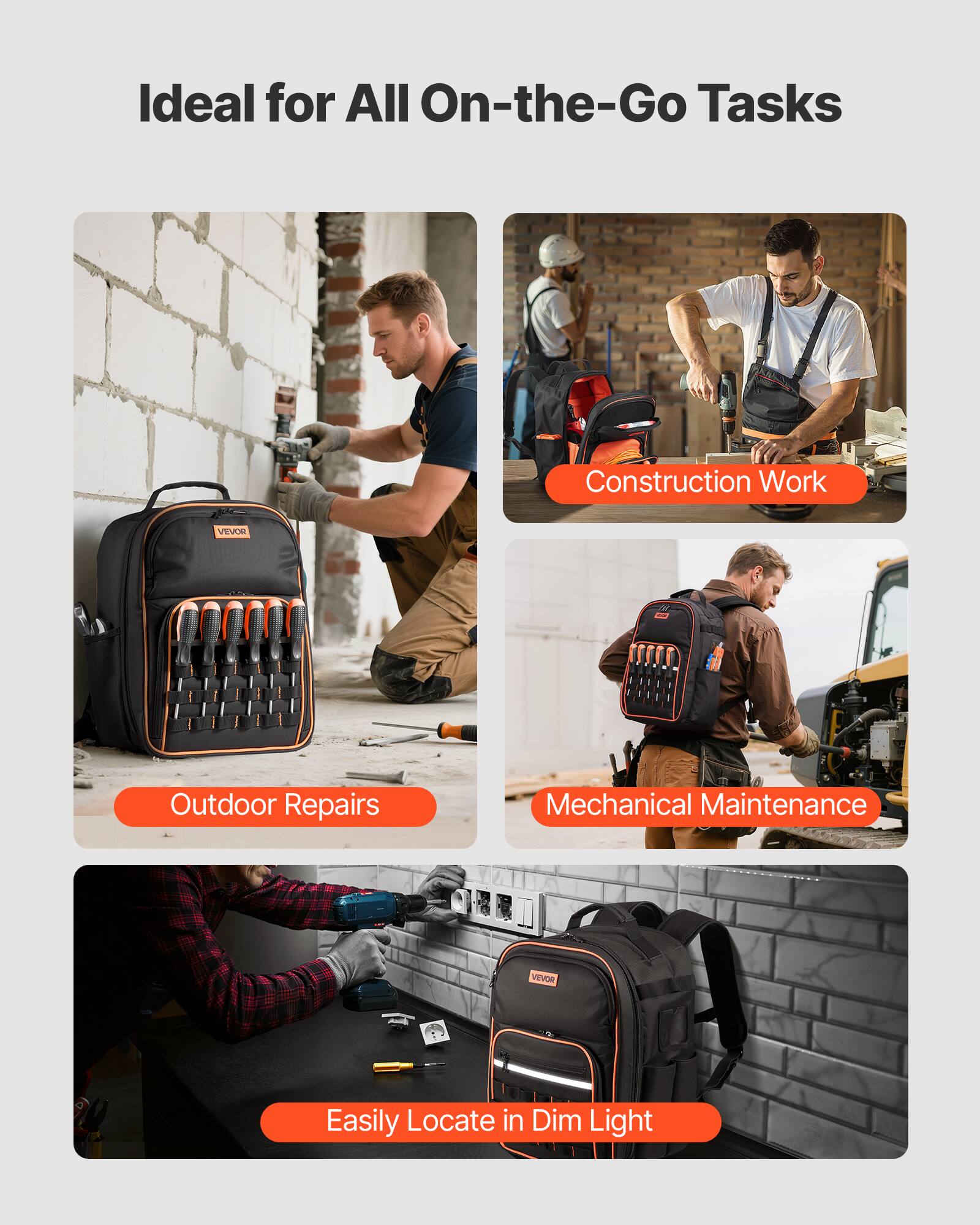 Ideal for All On-the-Go Tasks

- Construction Work
- Outdoor Repairs
- Mechanical Maintenance
- Easily Locate in Dim Light