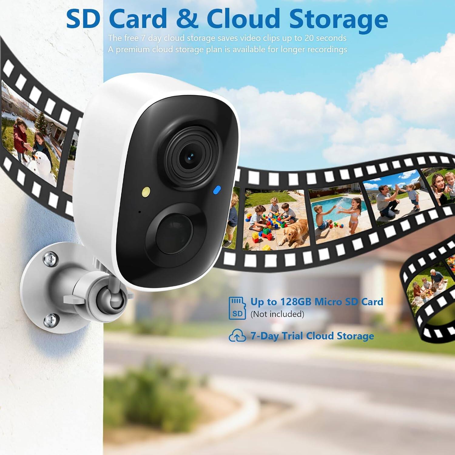 SD Card & Cloud Storage

The free 7 day cloud storage saves video clips up to 20 seconds. A premium cloud storage plan is available for longer recordings.

SD Up to 128GB Micro SD Card (Not included)

7-Day Trial Cloud Storage