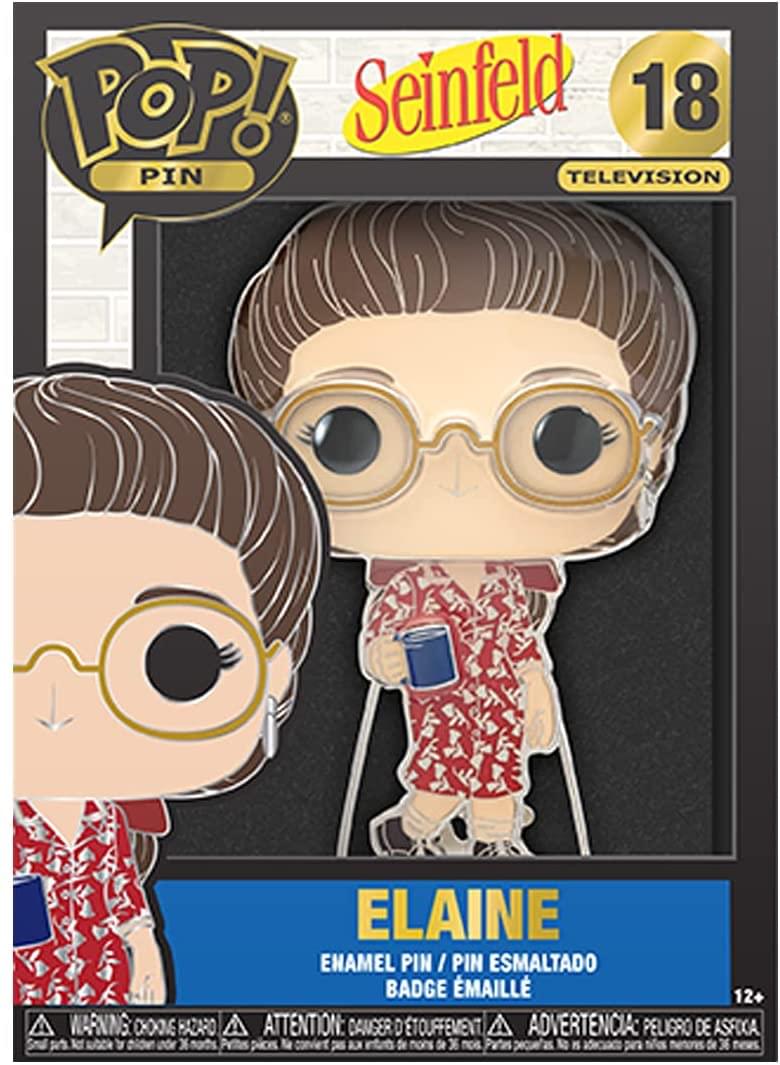 Sure, here is the corrected and grouped text from the image:

---

**POP! PIN**

**Seinfeld**  
**18**  
**TELEVISION**

**ELAINE**  
**ENAMEL PIN / PIN ESMALTADO**  
**BADGE ÉMAILLE**

**WARNING: CHOKING HAZARD**  
**ATTENTION: DANGER D'ÉTOUFFEMENT**  
**ADVERTENCIA: PELIGRO DE ASFIXIA**

**12+**

---