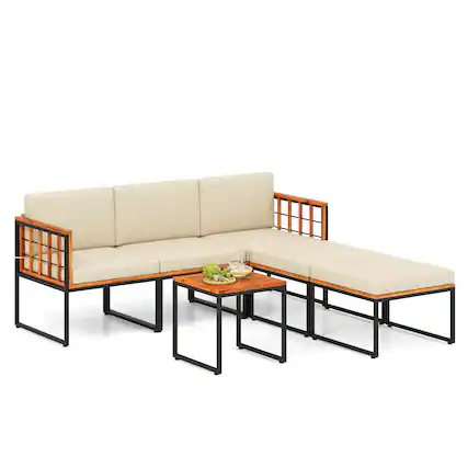 Front. Costway - 6 PCS Acacia Wood Patio Furniture Set Outdoor Sectional Conversation Sofa Set - Natural + Black + Beige.