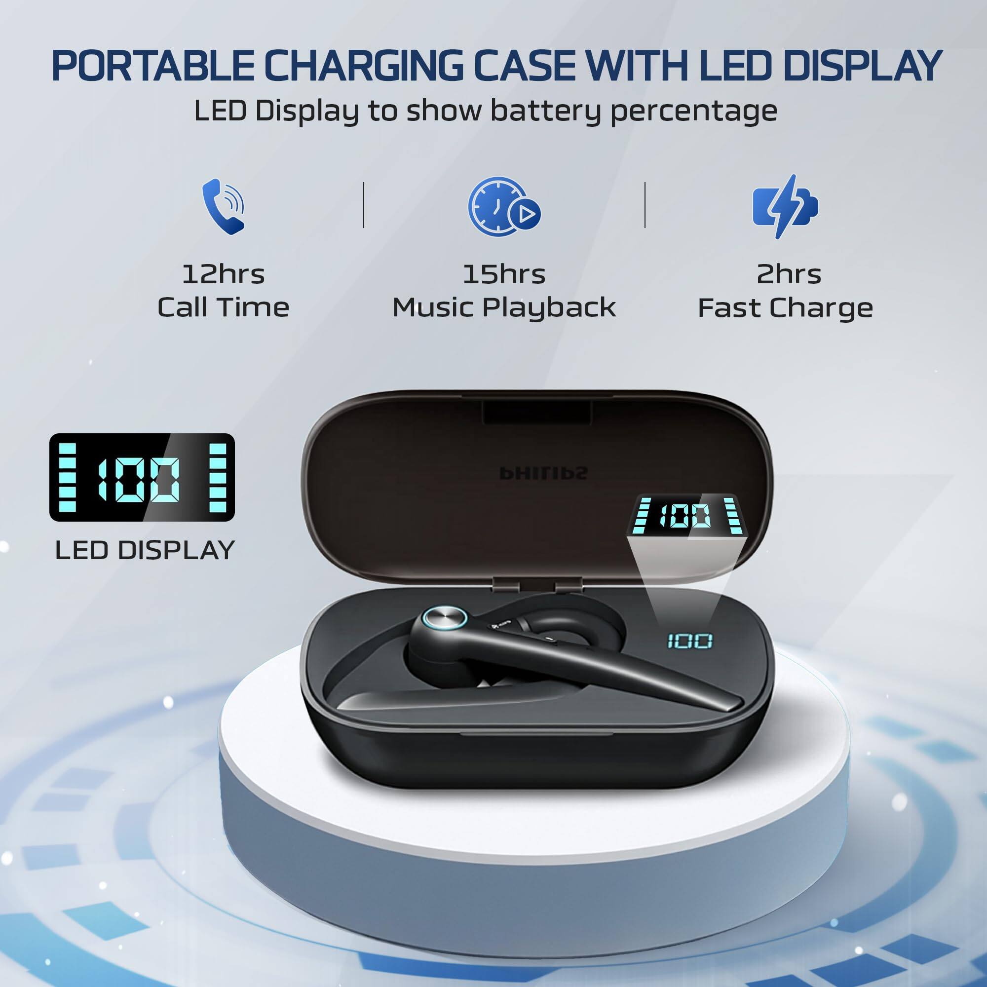 PORTABLE CHARGING CASE WITH LED DISPLAY

LED Display to show battery percentage

12hrs Call Time
15hrs Music Playback
2hrs Fast Charge

LED DISPLAY

PHILIPS