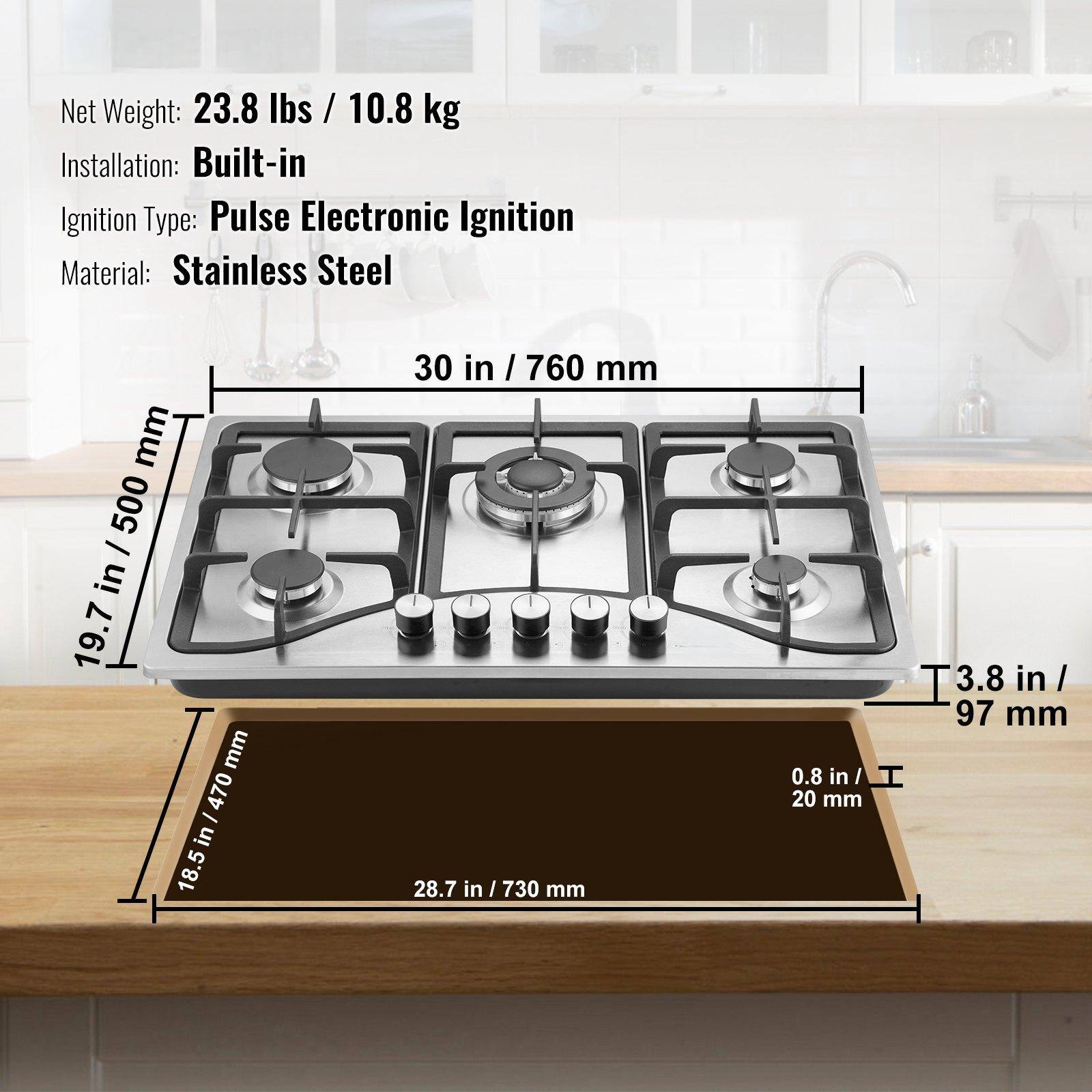 Net Weight: 23.8 lbs / 10.8 kg  
Installation: Built-in  
Ignition Type: Pulse Electronic Ignition  
Material: Stainless Steel  

Dimensions:  
- Width: 30 in / 760 mm  
- Depth: 28.7 in / 730 mm  
- Height: 19.7 in / 500 mm  
- Front Overhang: 3.8 in / 97 mm  
- Rear Overhang: 0.8 in / 20 mm  
- Cabinet Clearance: 18.5 in / 470 mm