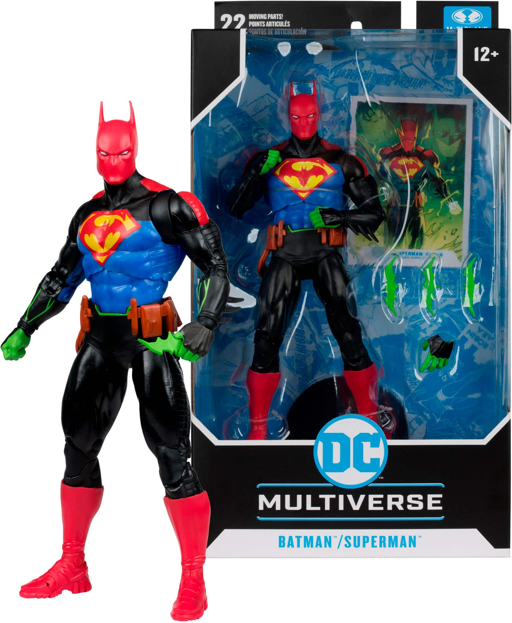 The image features a Batman and Superman action figure set from the DC Multiverse line. The action figures are posed in a dynamic stance, with Batman on the left and Superman on the right. The figures are well-articulated, allowing for various poses and movements. The set includes a total of 22 points of articulation, making it a versatile and exciting addition to any DC fan's collection.