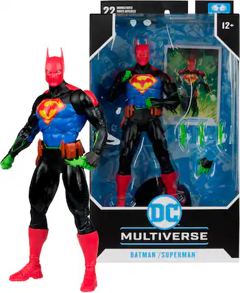 The image features a Batman and Superman action figure set from the DC Multiverse line. The action figures are posed in a dynamic stance, with Batman on the left and Superman on the right. The figures are well-articulated, allowing for various poses and movements. The set includes a total of 22 points of articulation, making it a versatile and exciting addition to any DC fan's collection.
