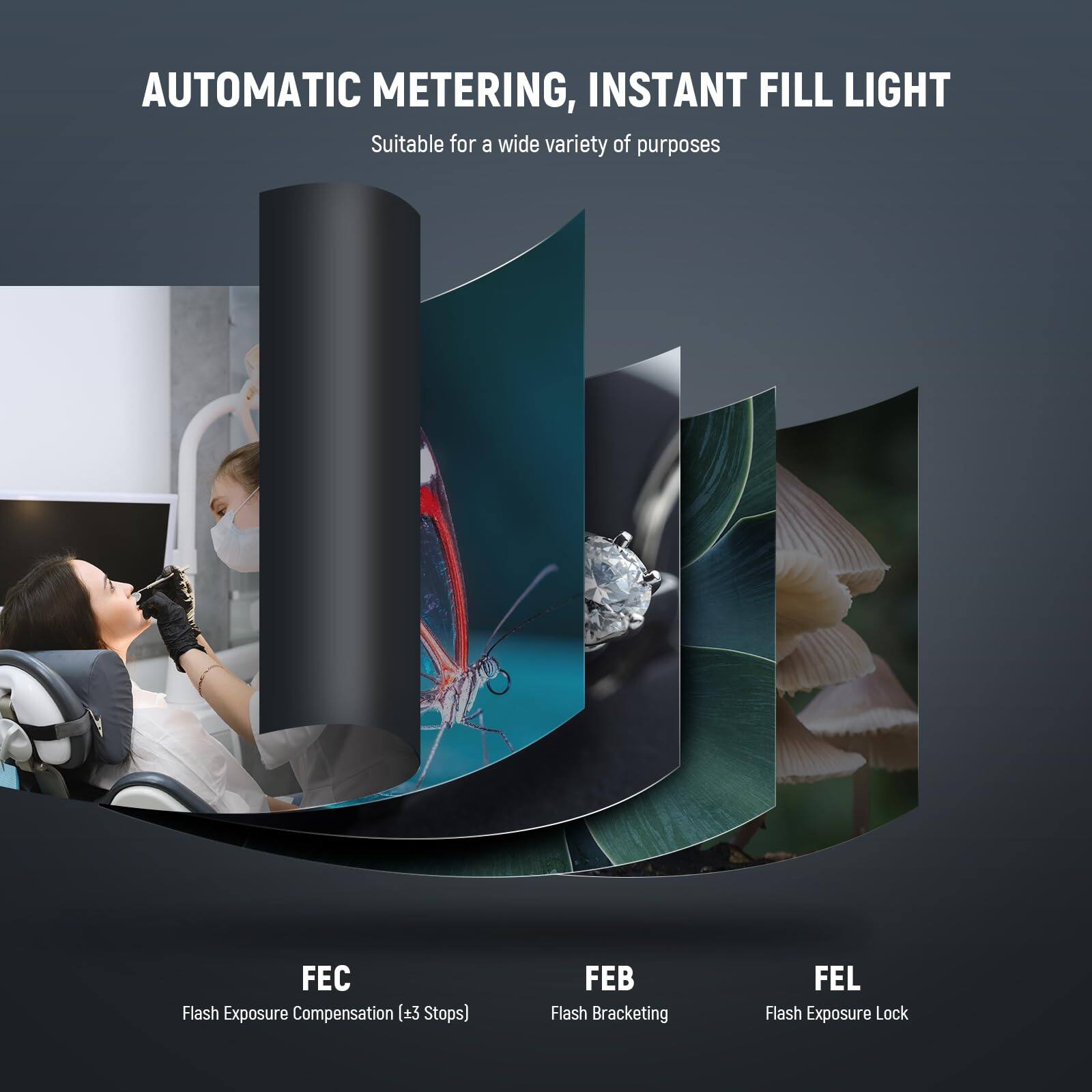 AUTOMATIC METERING, INSTANT FILL LIGHT  
Suitable for a wide variety of purposes  

FEC Flash Exposure Compensation (±3 Stops)  
FEB Flash Bracketing  
FEL Flash Exposure Lock