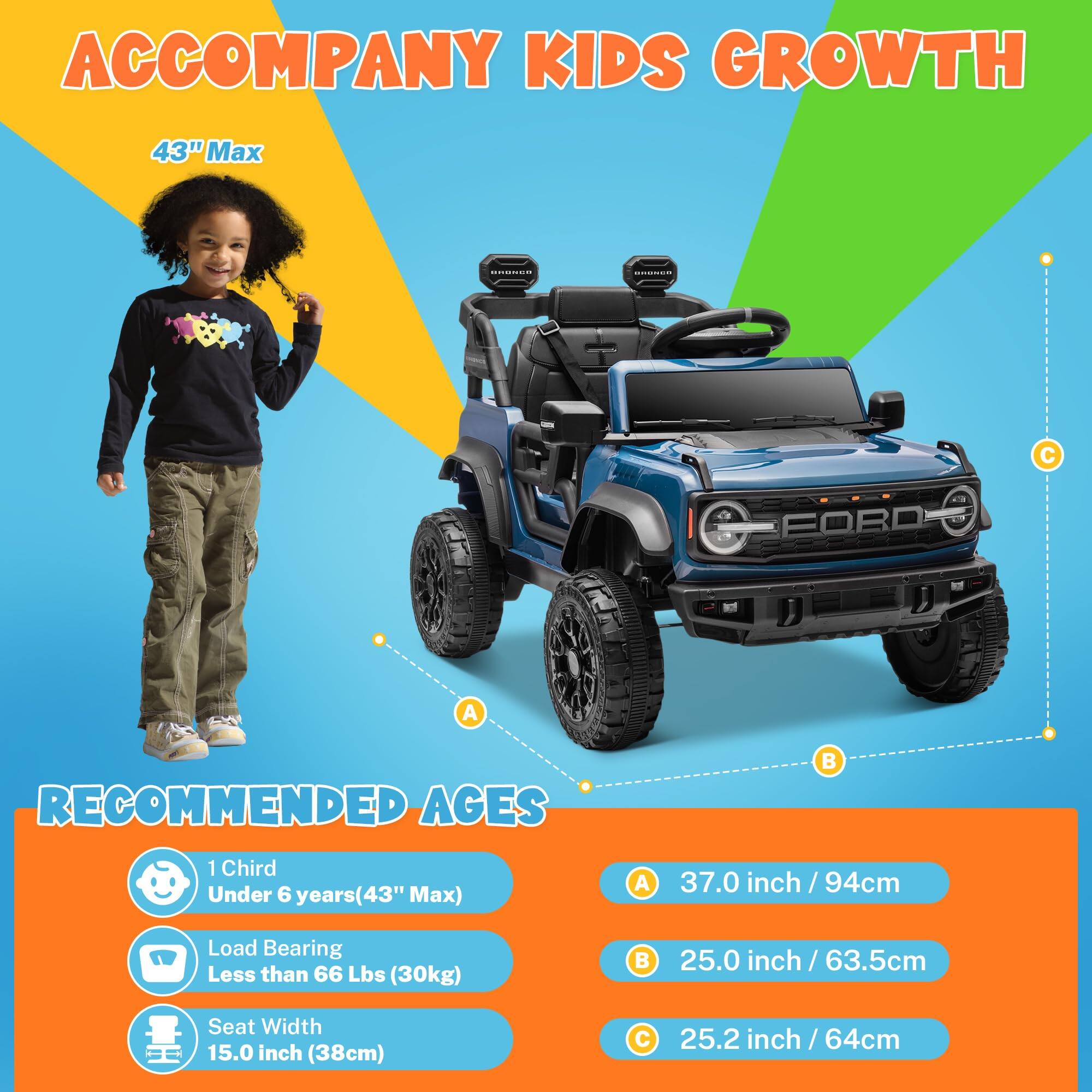 ACCOMPANY KIDS GROWTH

43" Max

RECOMMENDED AGES

1 Child Under 6 years (43" Max)
Load Bearing Less than 66 Lbs (30kg)
Seat Width 15.0 inch (38cm)

A 37.0 inch / 94cm
B 25.0 inch / 63.5cm
C 25.2 inch / 64cm