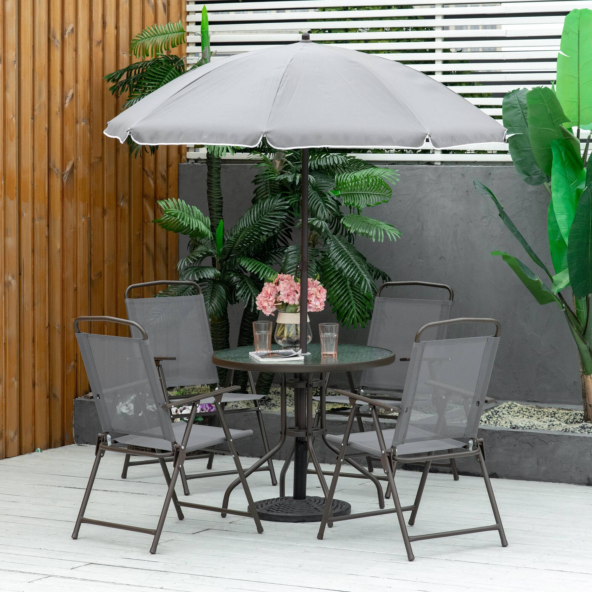 Alt View 1. Outsunny - 6 Piece Patio Dining Set for 4 with Umbrella, Outdoor Table and Chairs with 4 Folding Dining Chairs & Round Glass Table - Gray.