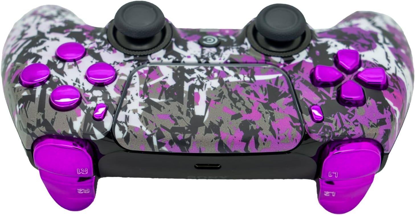 Back. Custom Controllerzz - Custom Wireless Controller for PS5 - Shadow Bloom & Purple Chrome Inserts.