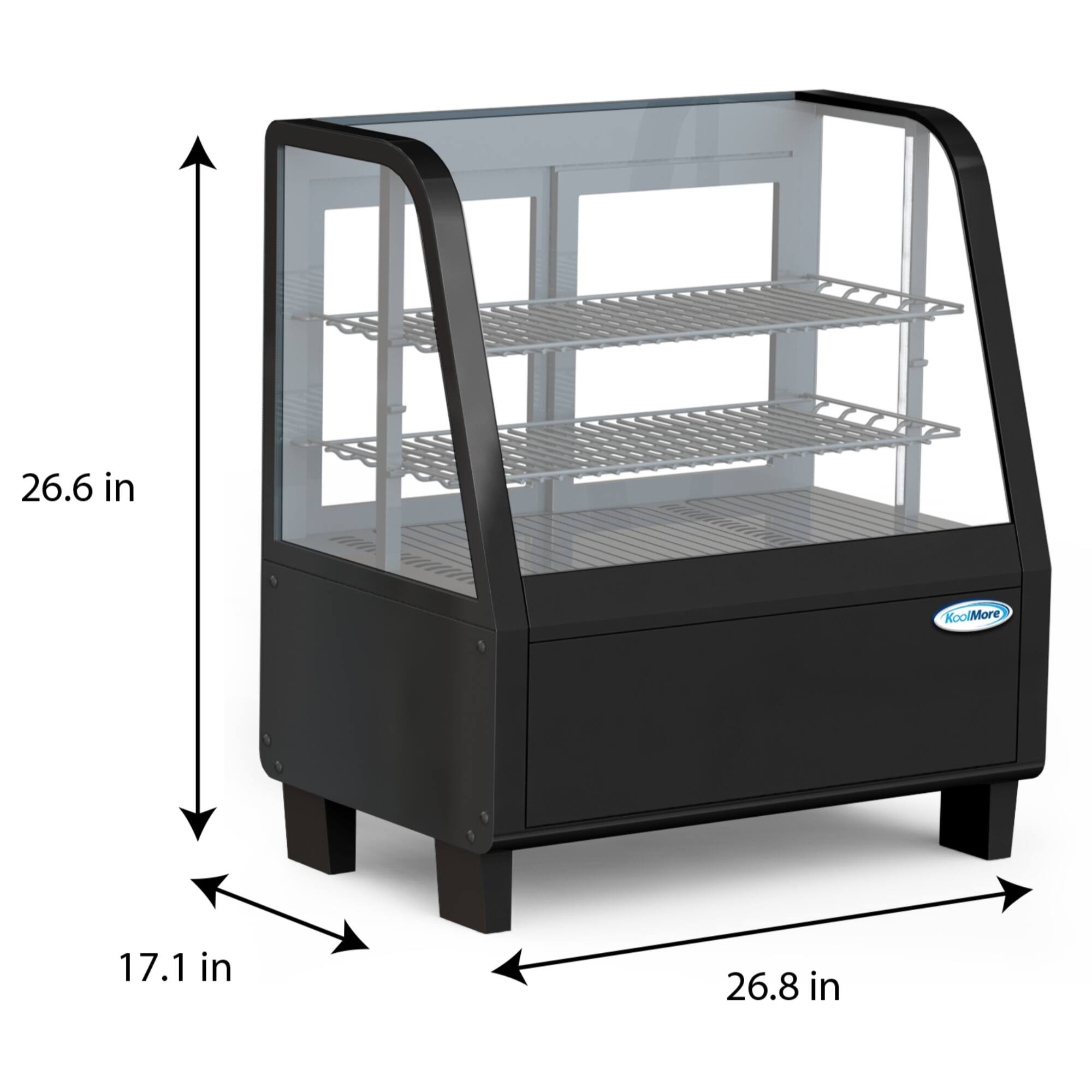 The text on the image reads: "26.6 in KoolMore 17.1 in 26.8 in."