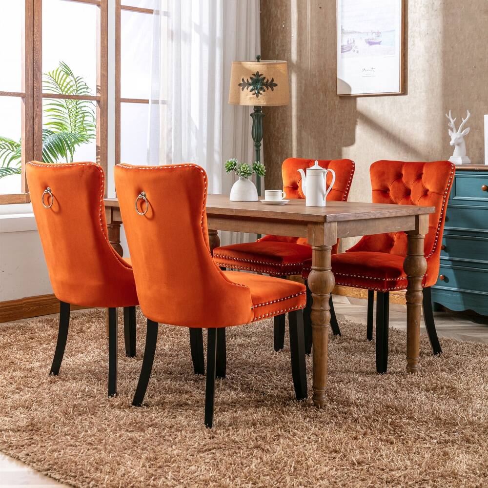 Alt View 10. Loheer - Loheer Orange Velvet Tufted Dining Chairs Set of 2 Solid Wood - Orange.