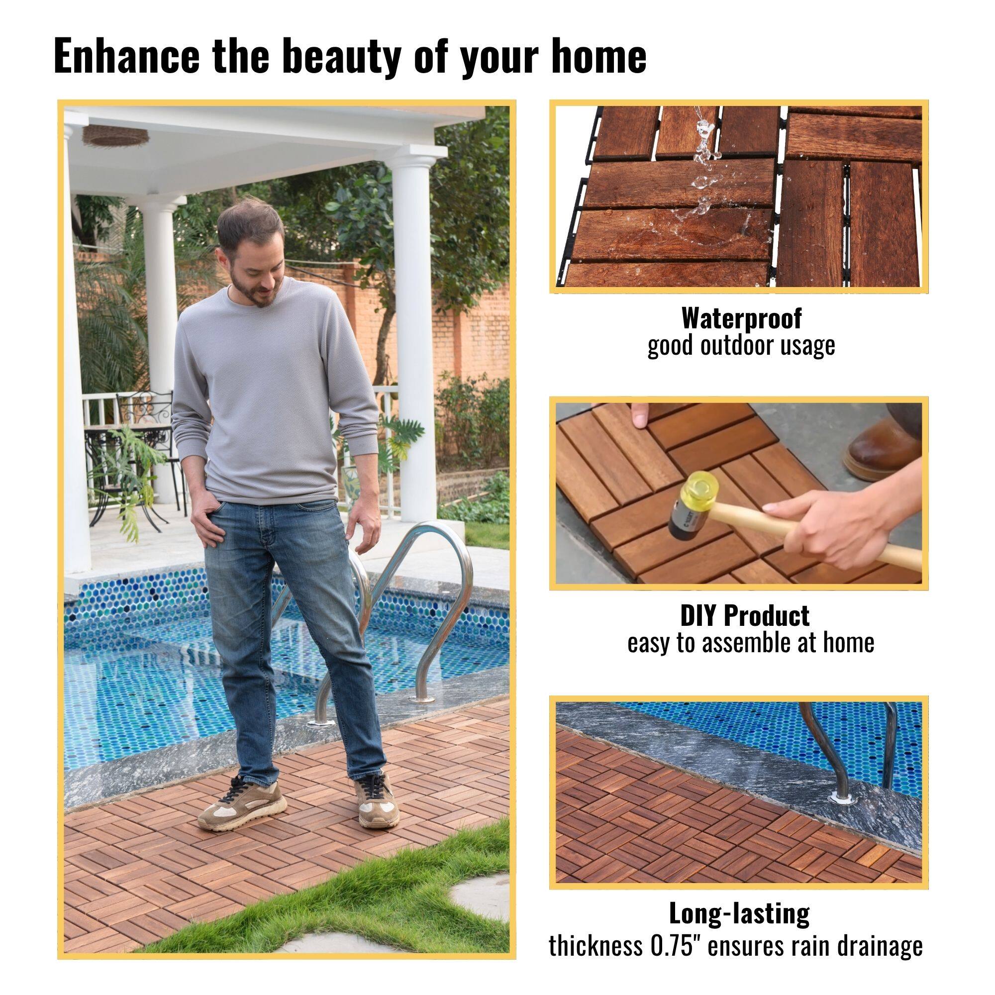 Enhance the beauty of your home. Waterproof, good outdoor usage. DIY Product, easy to assemble at home. Long-lasting, thickness 0.75" ensures rain drainage.