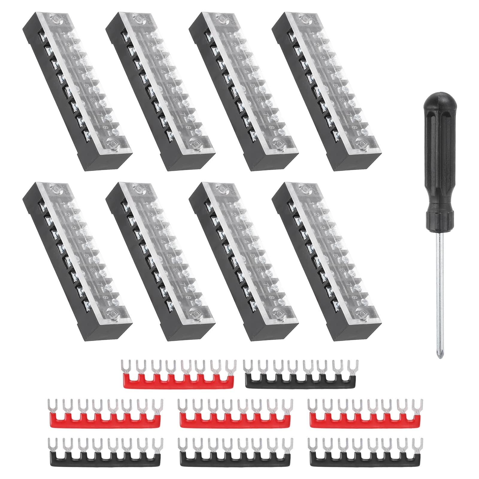 Unique Bargains - Screw Terminal Block 8 Positions, Dual Row, 600V 15A, with Screwdriver & Terminals, 8 Sets - Black