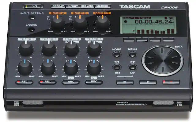 TASCAM DP-006
INPUT SETTING
- INPUT A
- INPUT B
- MASTER
ASSIGN
TRACK 1
- L
- R
- MIN
- MAX
- REC
TRACK 2
- L
- R
- MIN
- MAX
- REC
TRACK 3
- L
- R
- MIN
- MAX
- ST
- REC
TRACK 4
- L
- R
- MIN
- MAX
- ST
- REC
REPEAT IN/OUT
REC MODE
UN/REDO
MULTI TRACK
00h 00m 46.24f
HOME
MENU
DATA
RTZ
LRP
MIC A
MIC B
DIGITAL POCKETSTUDIO