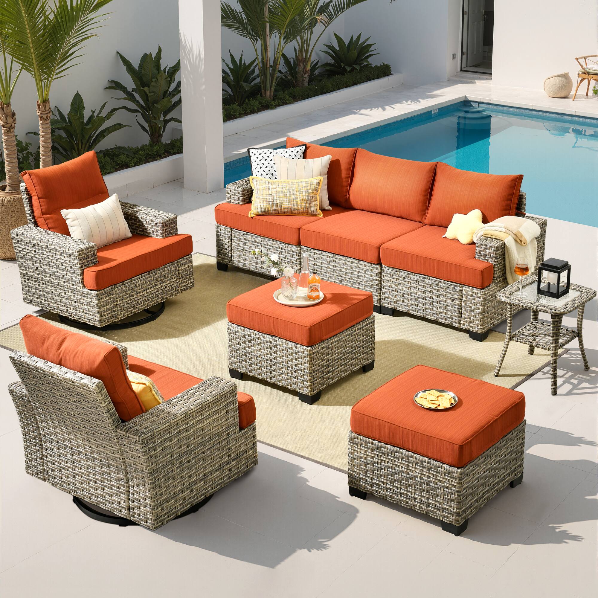 Ovios - 8 PCS Patio Furniture Set, Sectional Sofa with Swivel Chairs, Side Table & Ottoman for Porch - Orange Red