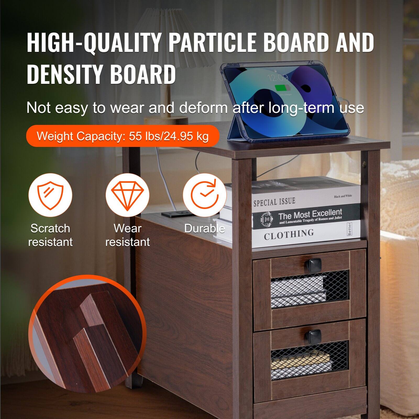 HIGH-QUALITY PARTICLE BOARD AND DENSITY BOARD  
Not easy to wear and deform after long-term use  

Weight Capacity: 55 lbs/24.95 kg  

- Scratch resistant  
- Wear resistant  
- Durable  

SPECIAL ISSUE  
The Most Excellent and Julet and Lemratald Tragedy  
CLOTHING