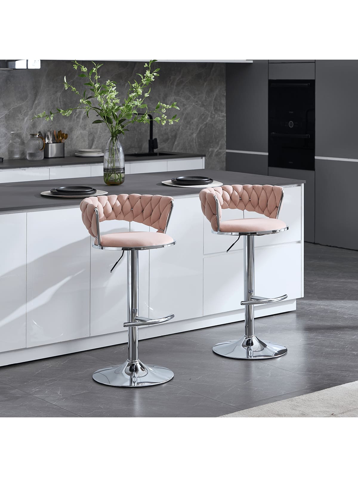 Trinkets Crazed - Velvet Bar Stools Set Of 2, Modern Swivel Barstools With Woven Backrest, Adjustable Counter Stools - Pink