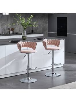 Trinkets Crazed - Velvet Bar Stools Set Of 2, Modern Swivel Barstools With Woven Backrest, Adjustable Counter Stools - Pink