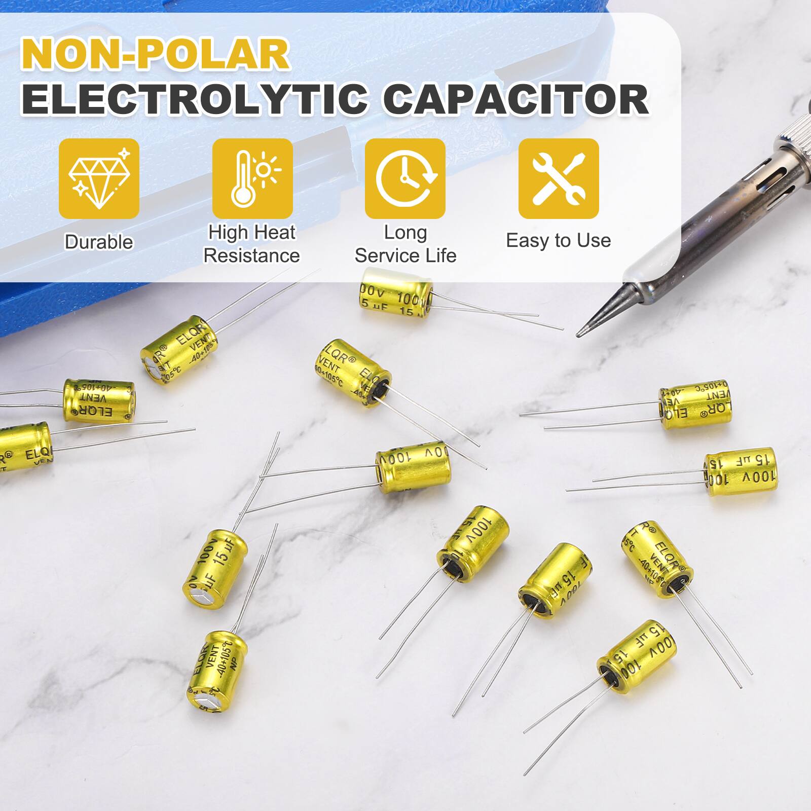 NON-POLAR ELECTROLYTIC CAPACITOR

- Durable
- High Heat Resistance
- Long Service Life
- Easy to Use

40.106 VENT ELOR ELOR VENT OR 40+1 IT T DOV 5 SuF 100 15 VENT QR 40+105 V 3:505+0 ENT VE EN QR 9 ELO VEN 100v AO 15 uF 15 100 100V 100% 15 F 2 uF

VENT -40+105 100v f 15mF TO0V = R 3 401 VENT ELQR 5 TE A00 15 100