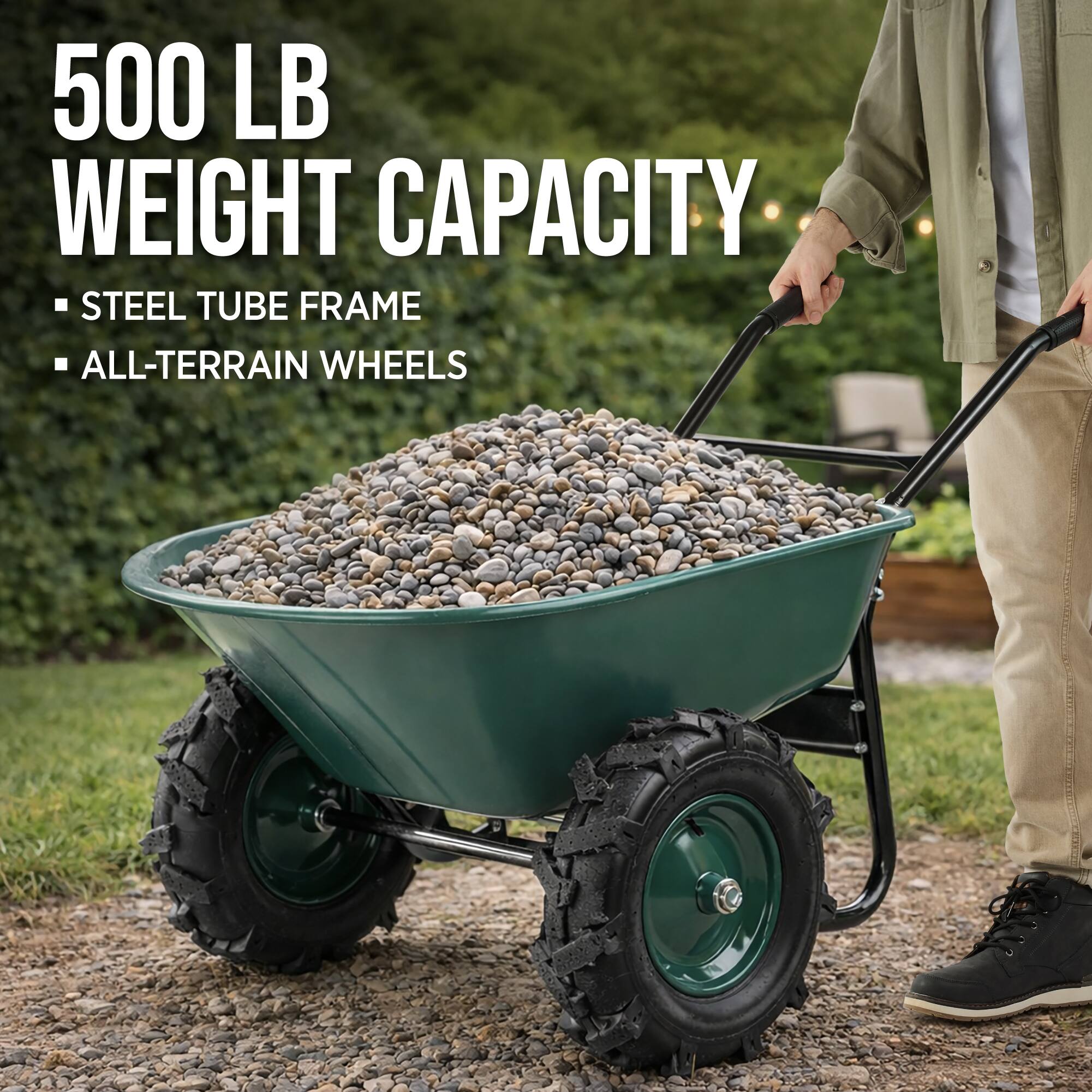 500 LB WEIGHT CAPACITY  
- STEEL TUBE FRAME  
- ALL-TERRAIN WHEELS