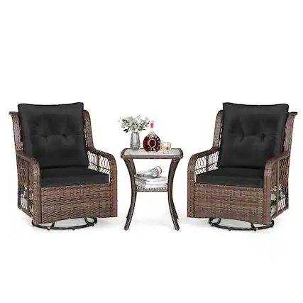 Front. Costway - Costway 3 PCS Patio Furniture Set with 2-Tier Side Table and Cushions for Porch - Black.