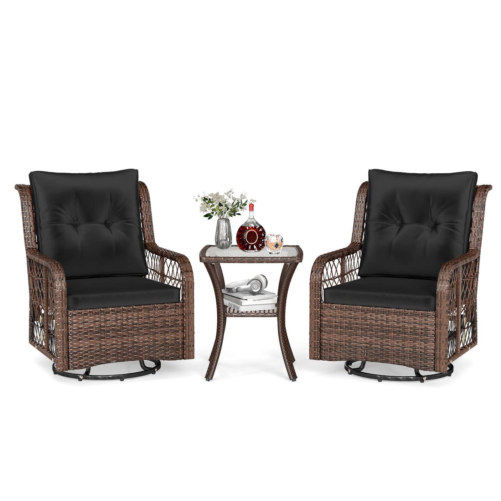 Front. Costway - Costway 3 PCS Patio Furniture Set with 2-Tier Side Table and Cushions for Porch - Black.