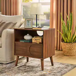 LUCKY ONE - Fluted Nightstand with Charging Station USB Ports Drawer Open Shelf - Walnut Brown