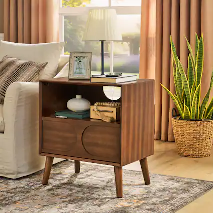 Front. LUCKY ONE - Fluted Nightstand with Charging Station USB Ports Drawer Open Shelf - Walnut Brown.