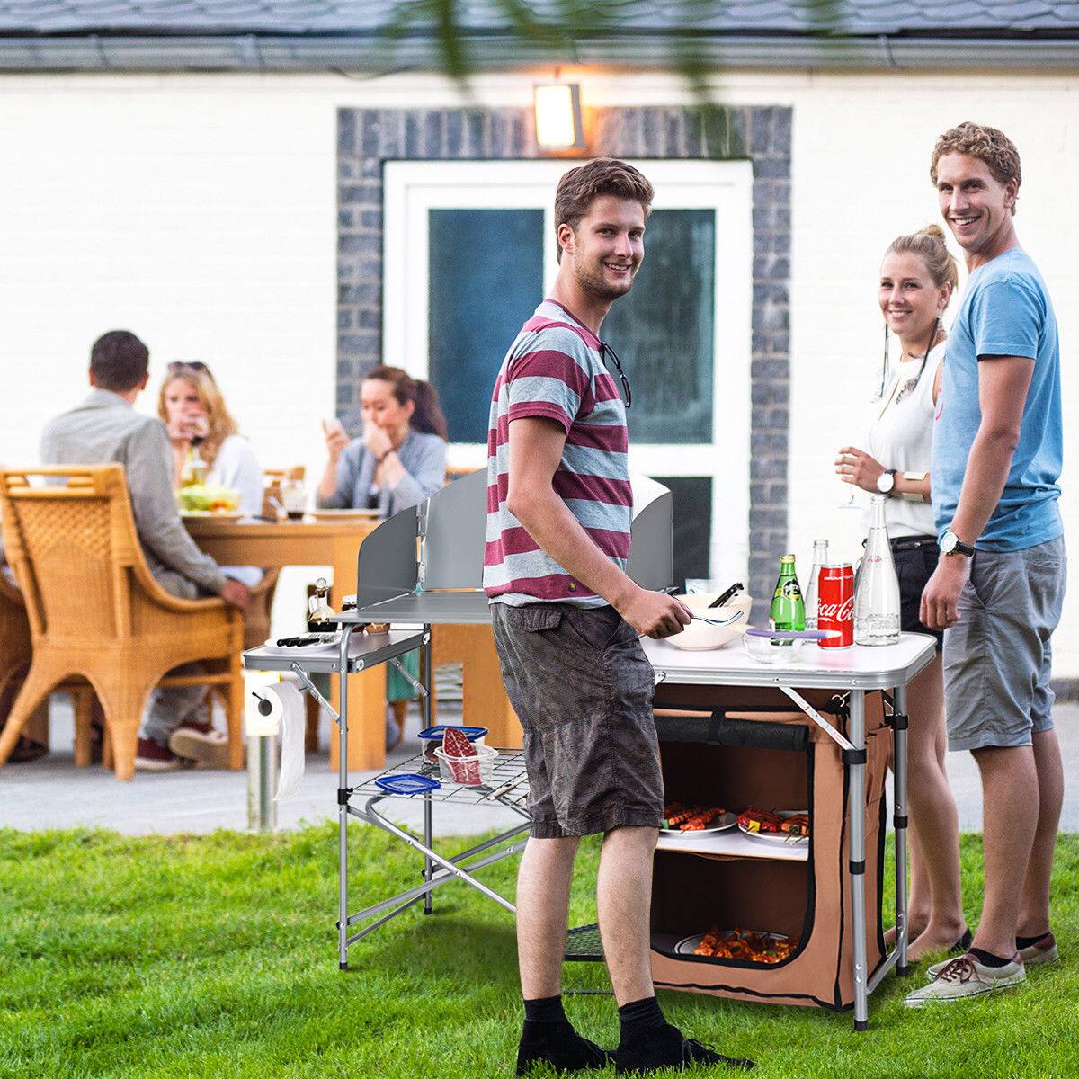 Alt View 12. Costway - Foldable Camping Table Outdoor BBQ Portable Grilling Stand w/Windscreen Bag - Silver.