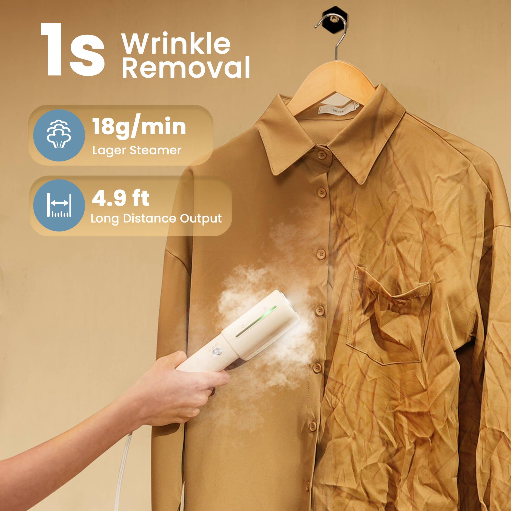 1s Wrinkle Removal  
18g/min Lager Steamer  
4.9 ft Long Distance Output