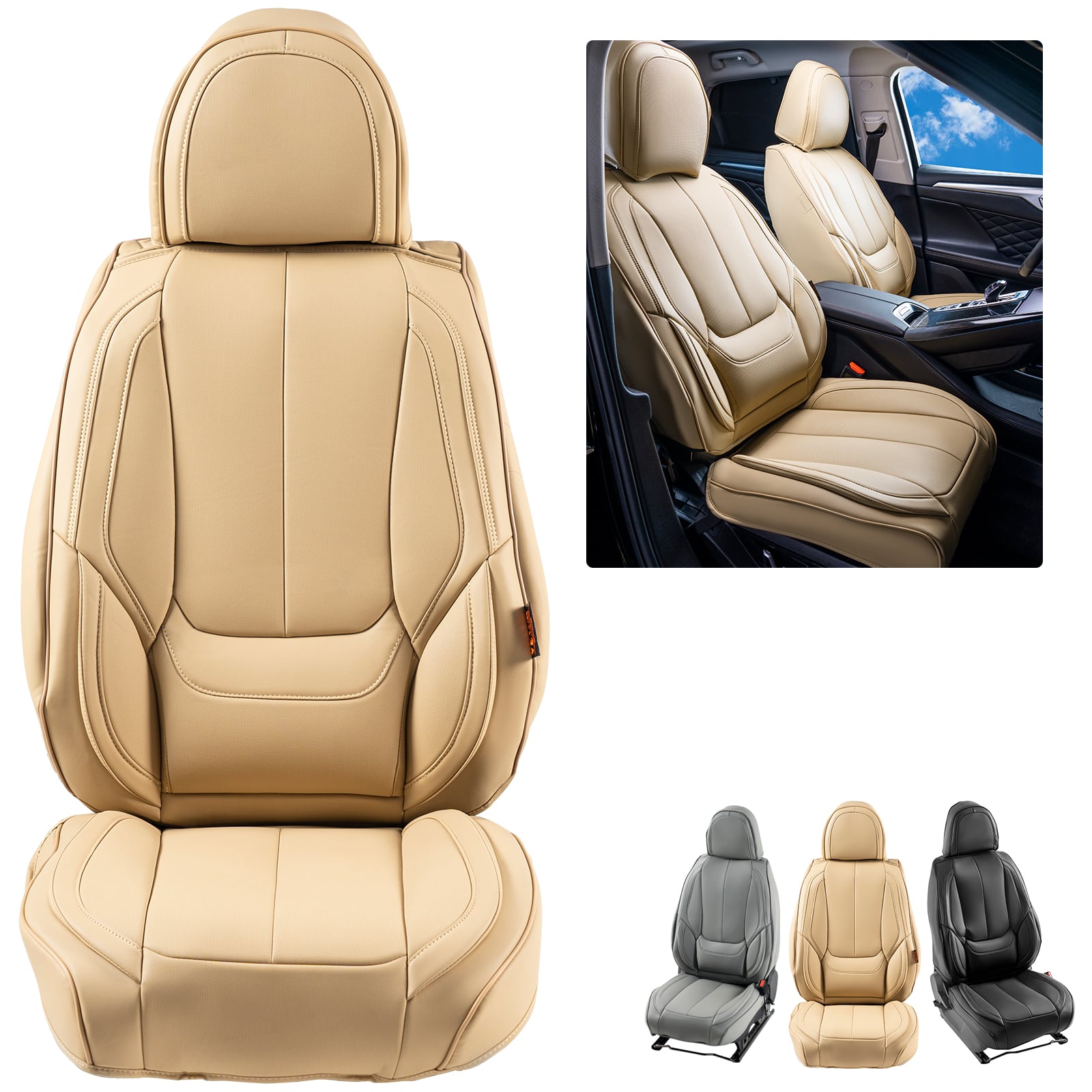 VEVOR - Seat Covers, Universal Car Seat Covers Front Seats,6pcs Faux Leather Seat Cover,Full Enclosed Design,Detachable Headrest - Beige