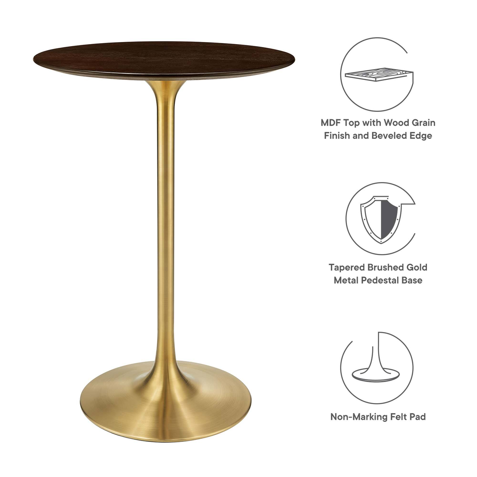 MDF Top with Wood Grain Finish and Beveled Edge  
Tapered Brushed Gold Metal Pedestal Base  
Non-Marking Felt Pad