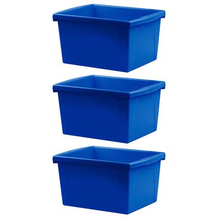 Front. Storex - Storex 4 Gallon Classroom Storage Bin, Blue, Pack of 3.