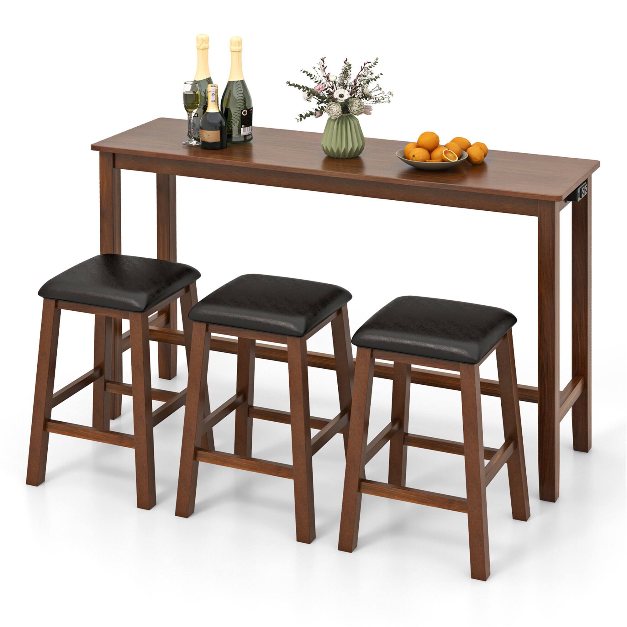 Front. Gymax - Gymax 4-Piece Bar Table Set w/ Power Outlet Counter-Height Table & 3 Bar Stools - Walnut, Brown.