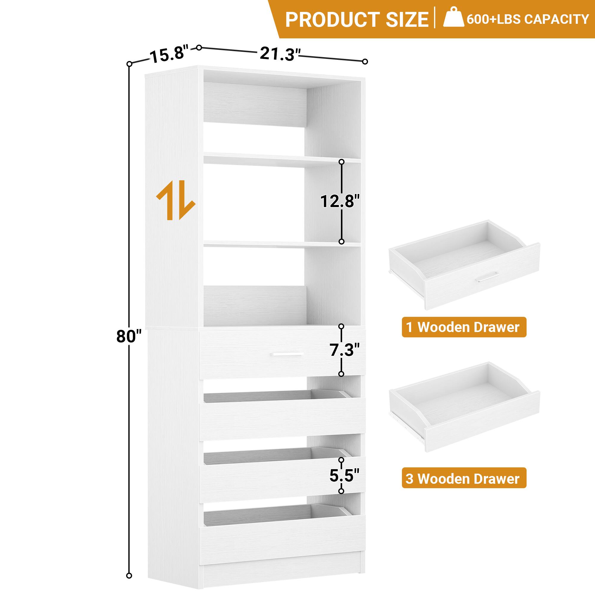 15.8" PRODUCT SIZE | 21.3" 600+LBS CAPACITY  
12.8" 80" 7.3" 1 Wooden Drawer 5.5" 3 Wooden Drawer