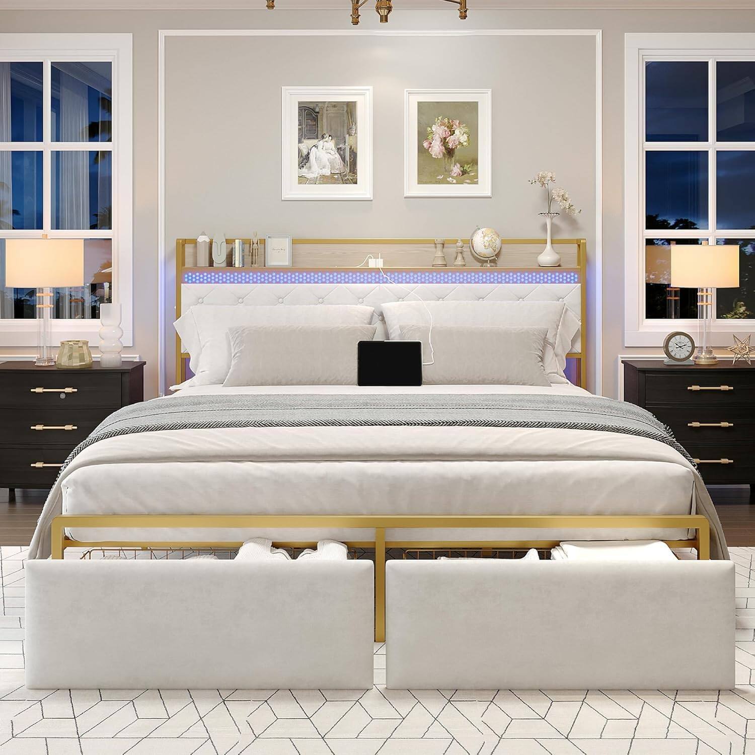 Left. GARVEE - Metal Platform Bed with Storage Headboard, 2 Drawers, LED Light & Charging Station, No Box Spring Needed - White.