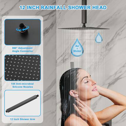 12 INCH RAINFALL SHOWER HEAD
- 360° Adjustment Angle Connector
- 144 Anti-microbial Silicone Nozzles
- 12 Inch Shower Arm
- Air + Water
