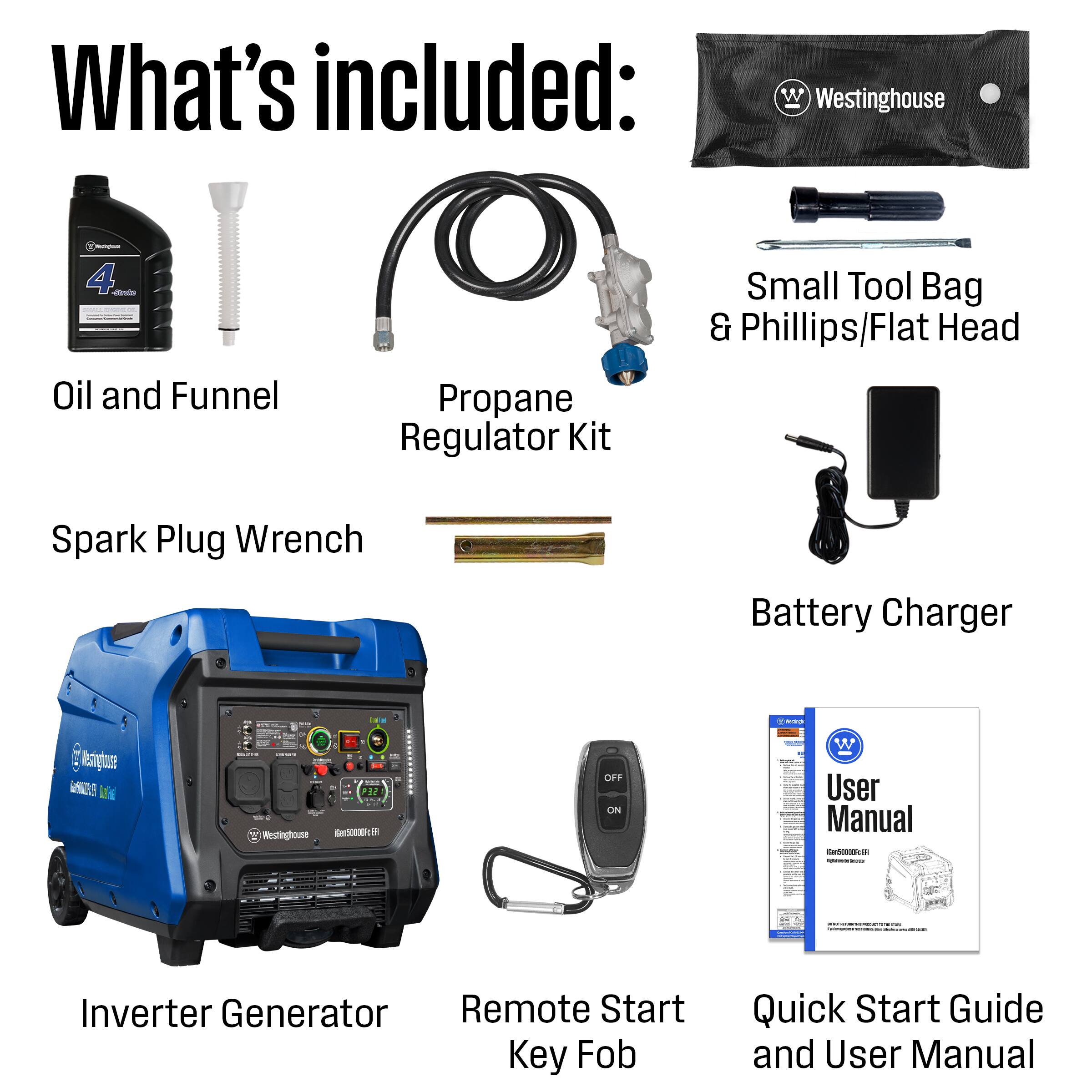 What's included:  
- Westinghouse 4 - Oil and Funnel Propane Regulator Kit  
- Small Tool Bag & Phillips/Flat Head Spark Plug Wrench  
- Battery Charger  
- Inverter Generator  
- Remote Start Key Fob  
- Quick Start Guide and User Manual