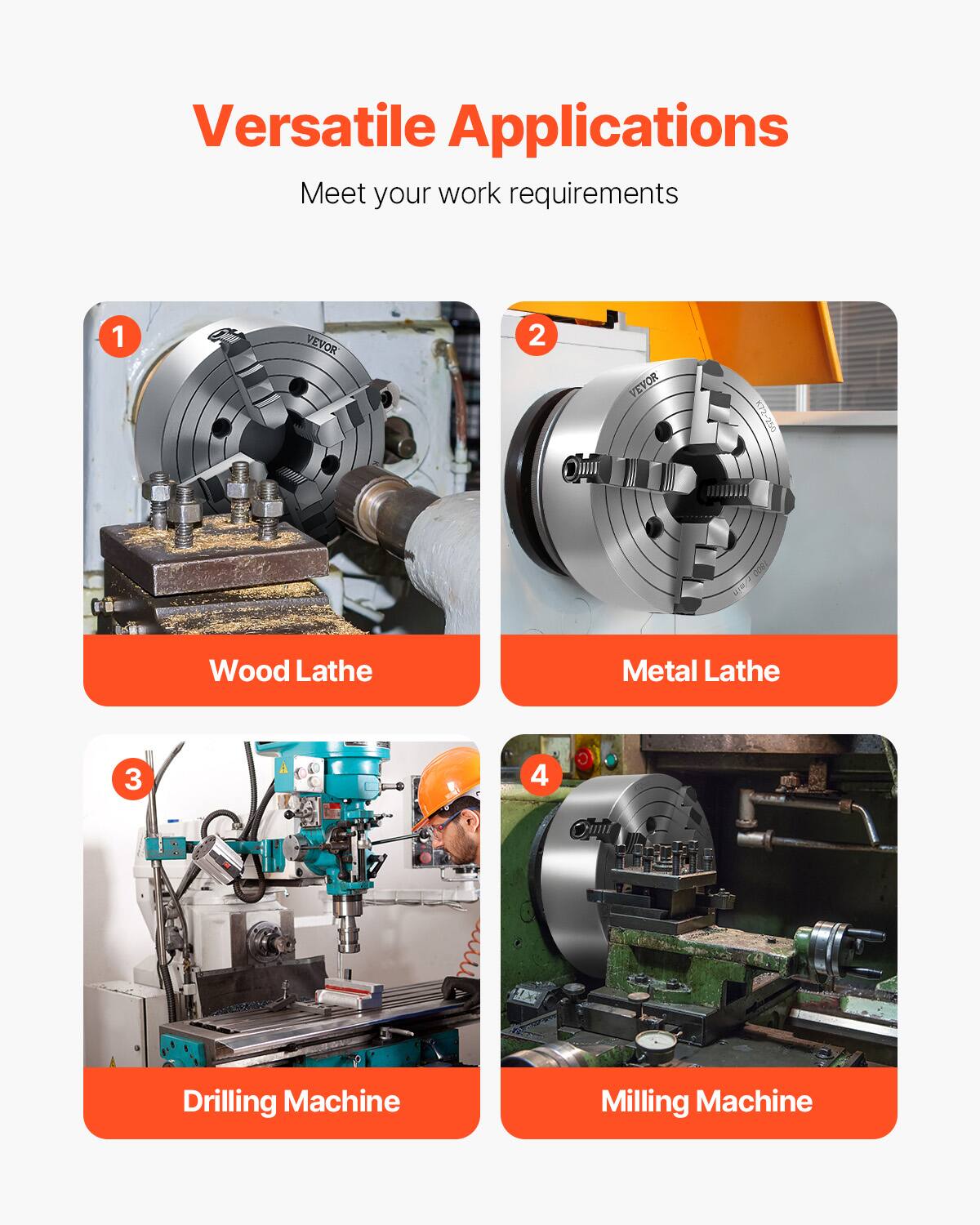 Versatile Applications  
Meet your work requirements  

1. VEVOR  
Wood Lathe  

2. VEVOR  
Metal Lathe  

3. Drilling Machine  

4. Milling Machine
