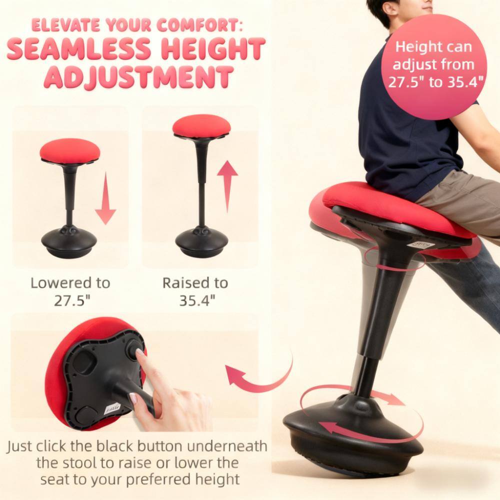 ELEVATE YOUR COMFORT:  
SEAMLESS HEIGHT ADJUSTMENT

Height can adjust from 27.5" to 35.4"

Lowered to 27.5"  
Raised to 35.4"

Just click the black button underneath the stool to raise or lower the seat to your preferred height