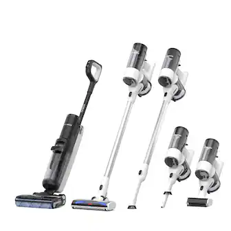 The image shows a group of five vacuum cleaners, each with a different design. They are all white and black in color, and they are arranged in a row. The vacuum cleaners are of various sizes and shapes, indicating a diverse range of models available for different cleaning needs.