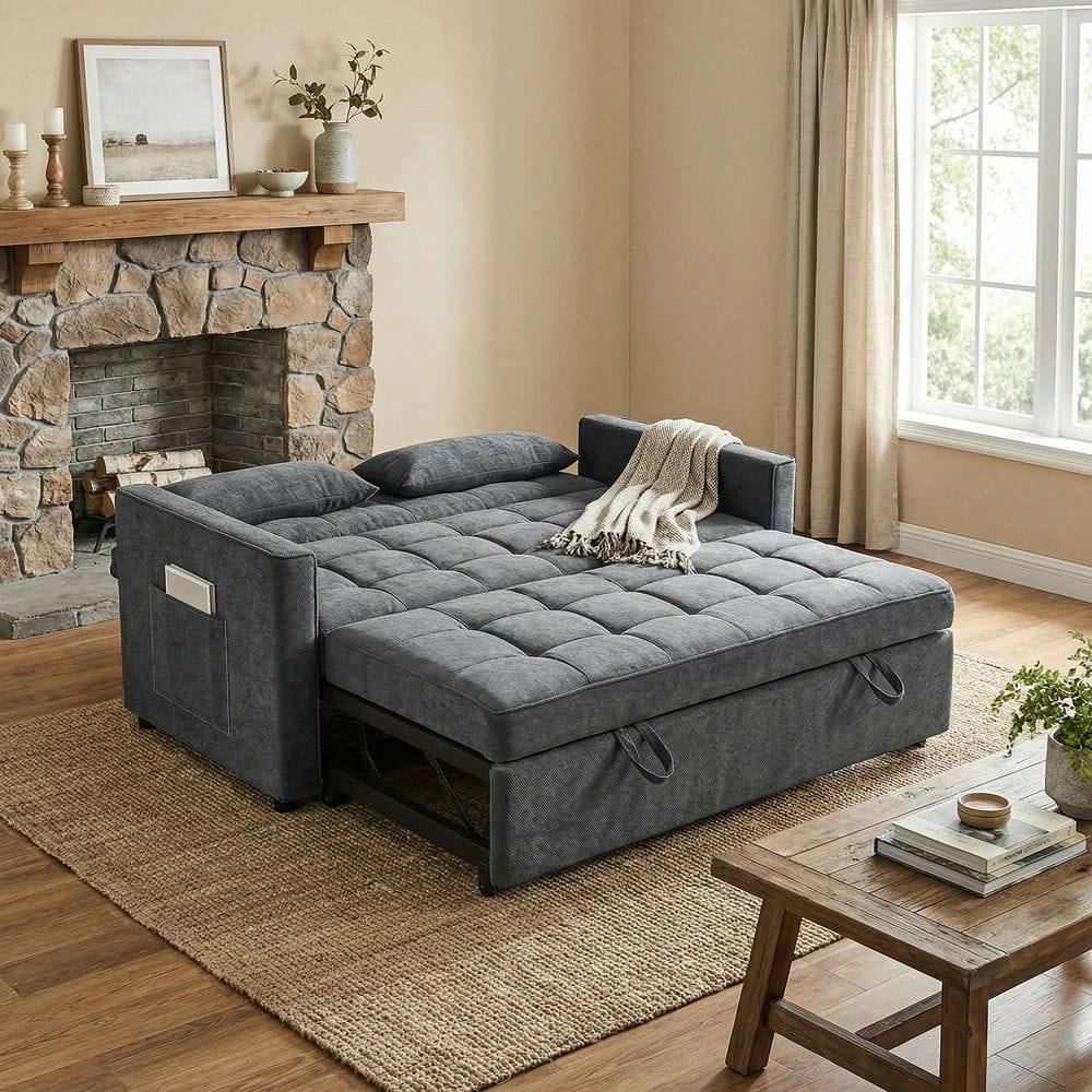 Left. Kadyn - 3-in-1 Convertible Sofa Bed, 5-Level Adjustable Backrest Transforms from Loveseat to Chaise & Full Bed - Gray.